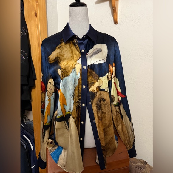 Double D Ranch Tops - Double D Ranch Button-Up Shirt with Print in Navy and Cream